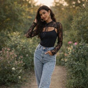 Black Sheer Lace Cutout High Neck Top S M L